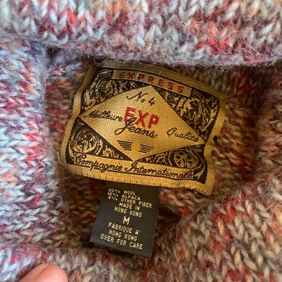 VTG 90s EXPRESS Hand Knit Sweater M Wool Alpaca Multicolor Turtleneck Chunky - Picture 3 of 5